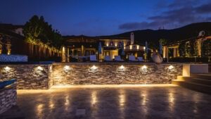 Poolside outdoor lighting creating nighttime ambiance